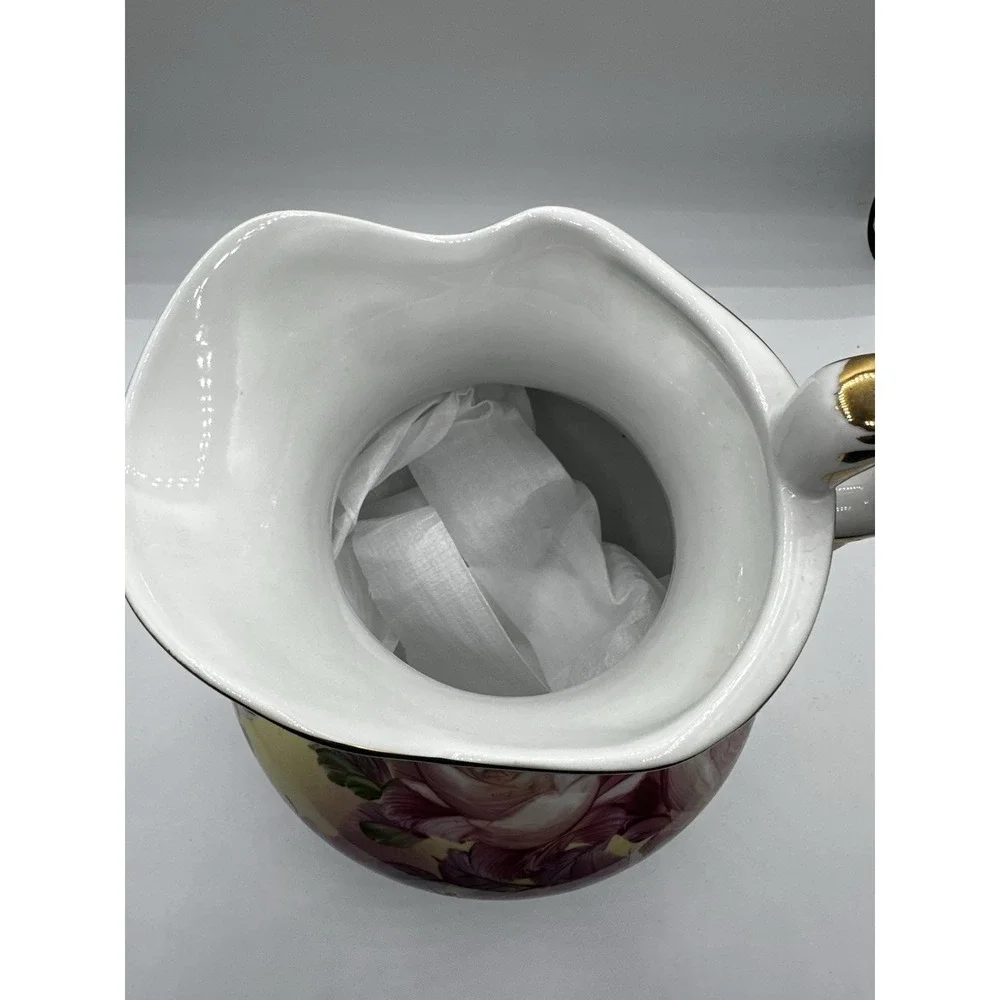 Vintage‎ Hand Painted Porcelain Floral Pitcher Ewer Gold Gilt Pink Roses 8.5